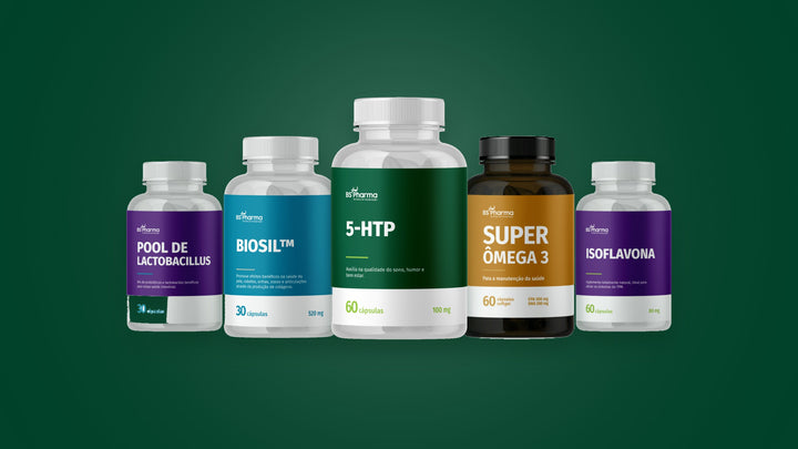 Frascos de fórmulas manipuladas da BS Pharma: 5-HTP, BioSil, Ômega 3, Isoflavona e Pool de Lactobacillus