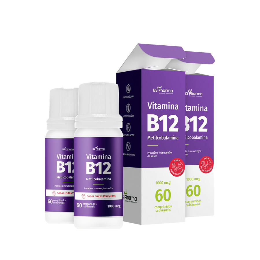 Embalagem de Combo Vitamina B12 (Metilcobalamina) 1000 mcg, Sublingual, 2x60 Comprimidos da BS Pharma