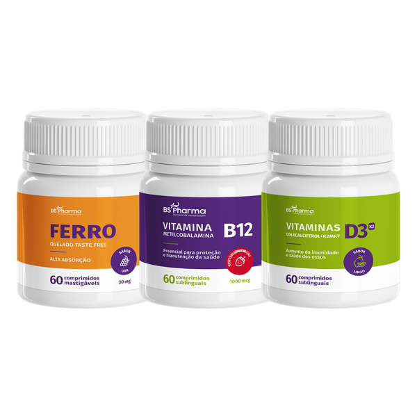 Combo Ferro 30 mg + Vitamina B12 + Vitamina D3 + K2