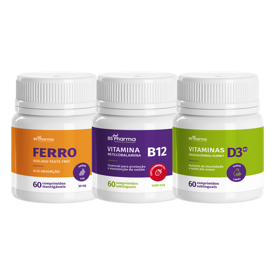 Combo Ferro 30 mg + Vitamina B12 + Vitamina D3 + K2